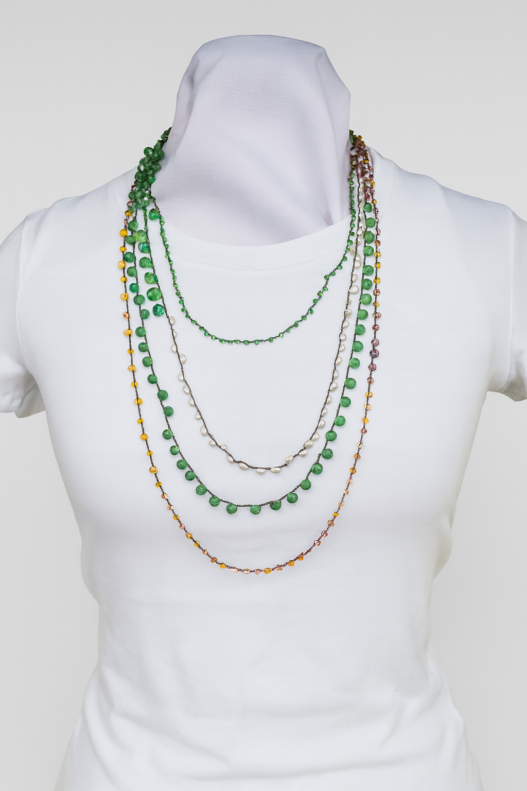 Genuine Emerald & Pearl Crochet Beaded Necklace – Multi-Layered, Extra Long & Versatile