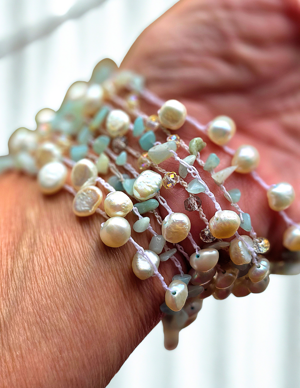 Handmade Crochet Convertible Necklace Bracelet – Real Freshwater Pearls, Aquamarine Chips & Crystals – Boho Layered Jewelry