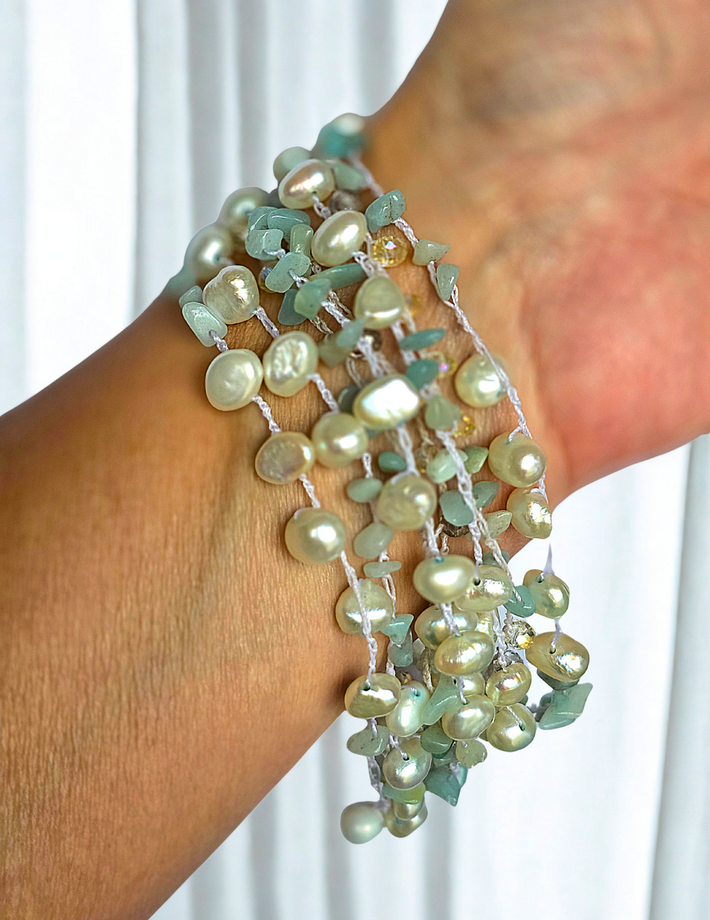Handmade Crochet Convertible Necklace Bracelet – Real Freshwater Pearls, Aquamarine Chips & Crystals – Boho Layered Jewelry