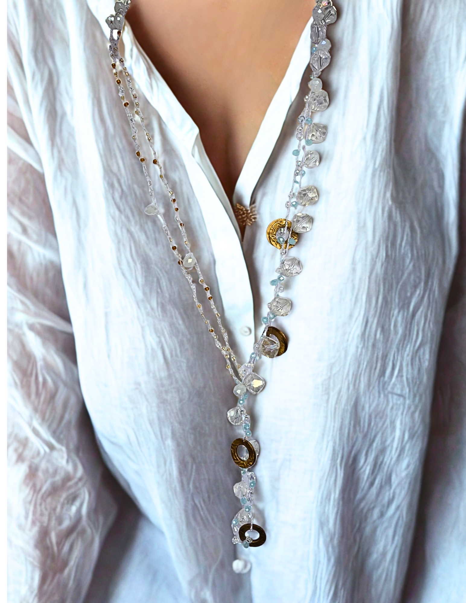 Convertible Crystal & Glass Bead Necklace – Multi-Sized Beads with Metal Accents, Wrap or Layer