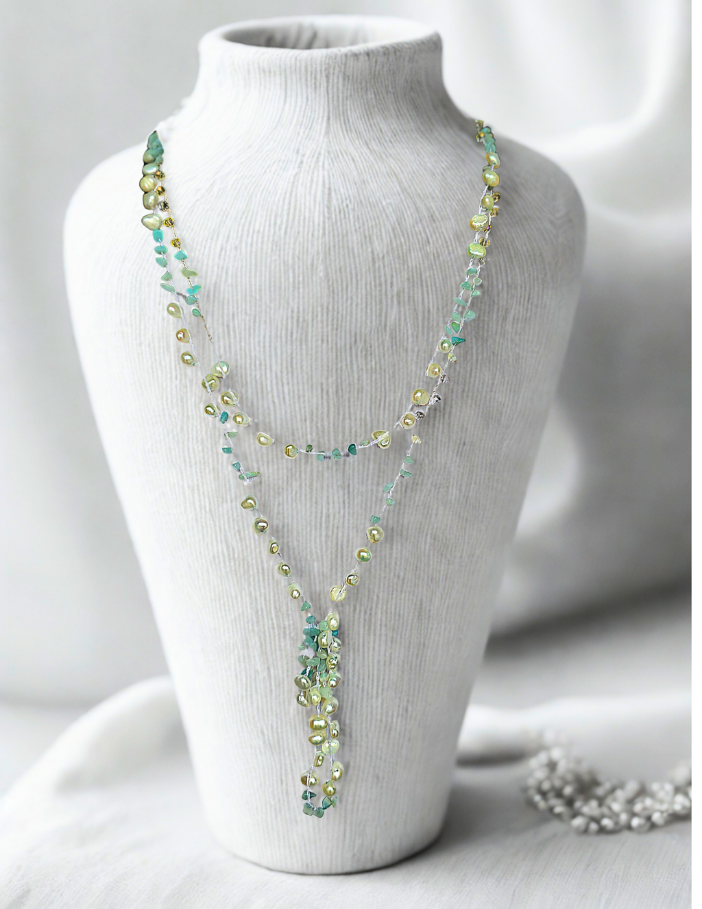 Handmade Crochet Convertible Necklace Bracelet – Real Freshwater Pearls, Aquamarine Chips & Crystals – Boho Layered Jewelry