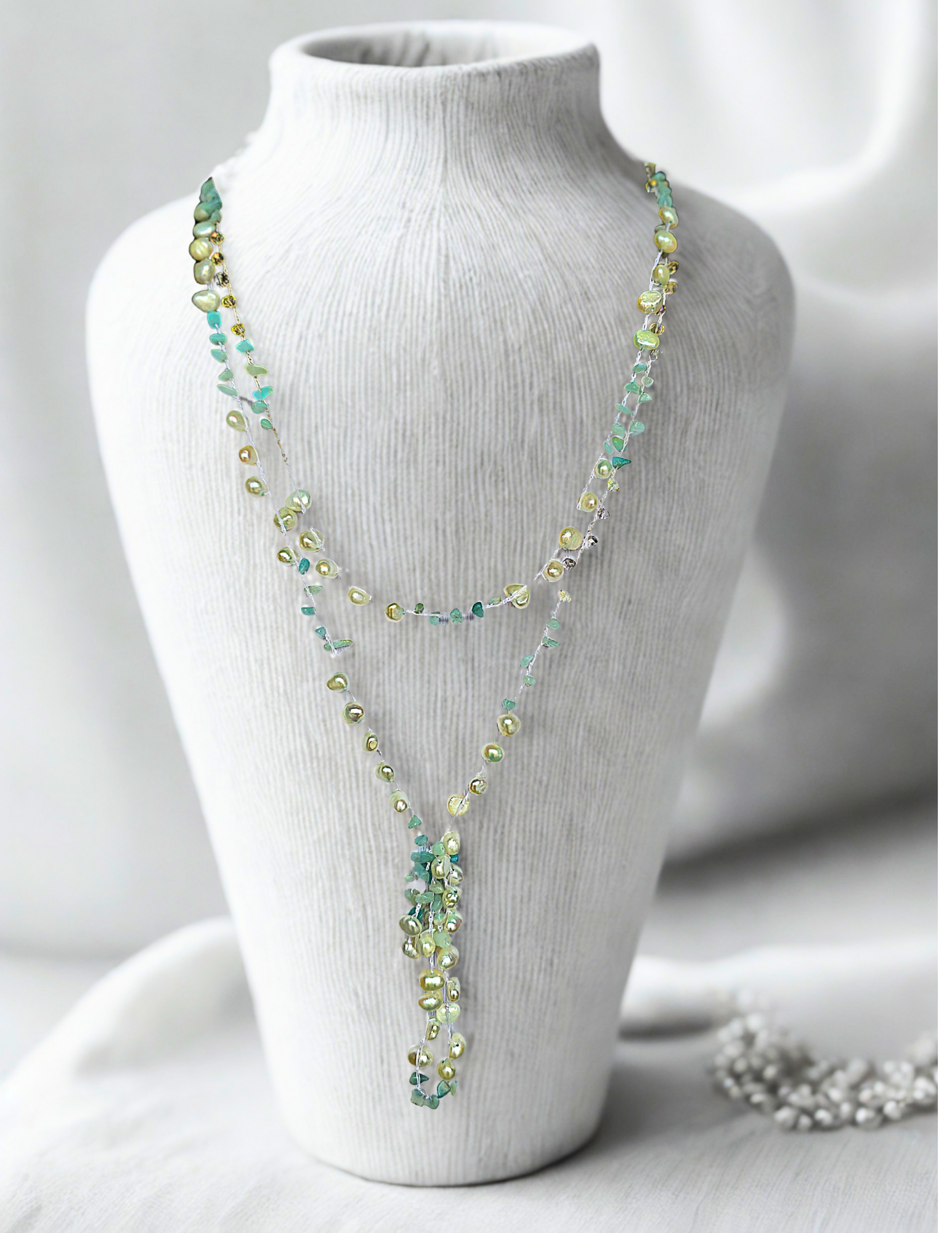 Handmade Crochet Convertible Necklace Bracelet – Real Freshwater Pearls, Aquamarine Chips & Crystals – Boho Layered Jewelry