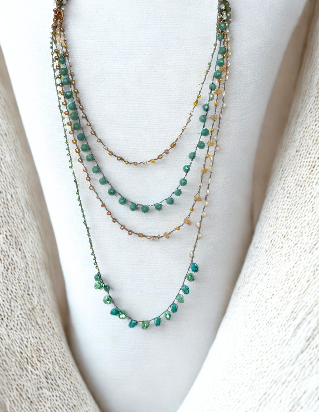 Genuine Emerald & Pearl Crochet Beaded Necklace – Multi-Layered, Extra Long & Versatile
