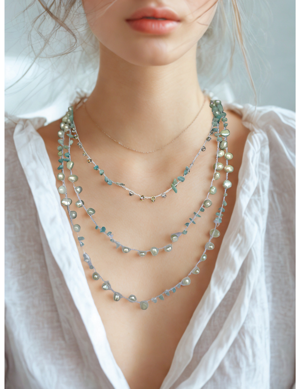 Handmade Crochet Convertible Necklace Bracelet – Real Freshwater Pearls, Aquamarine Chips & Crystals – Boho Layered Jewelry