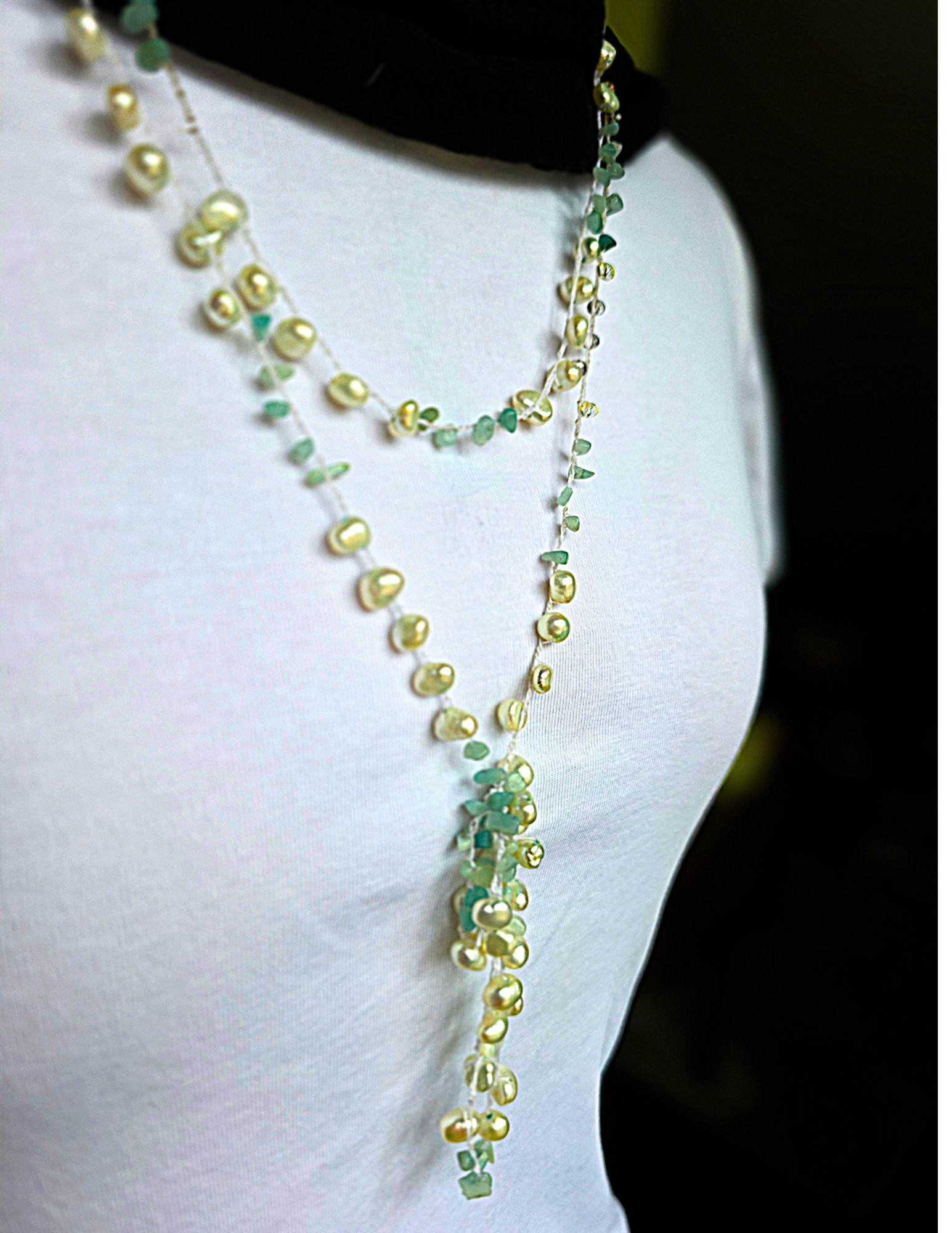 Handmade Crochet Convertible Necklace Bracelet – Real Freshwater Pearls, Aquamarine Chips & Crystals – Boho Layered Jewelry